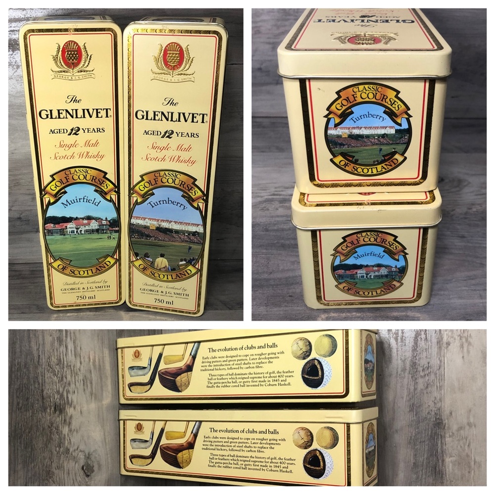 Scotland Golf Course Glenlivet Scotch Vintage Metal Tins Golf Whiskey Set of two